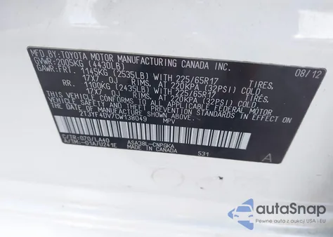2012 Toyota Rav4 Limited z USA, uszkodzony, nr VIN 2T3YF4DV7CW138049